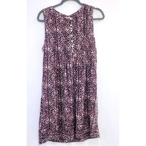 Faherty Womens Linen Blend Floral Pintuck Sleeveless Shift Dress Navy Pink L - Picture 2 of 7